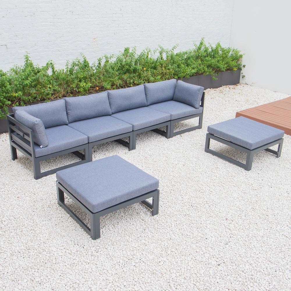 LeisureMod Chelsea 6-Piece Patio Ottoman Sectional Black Aluminum With Cushions CSOBL-6BU. Picture 3