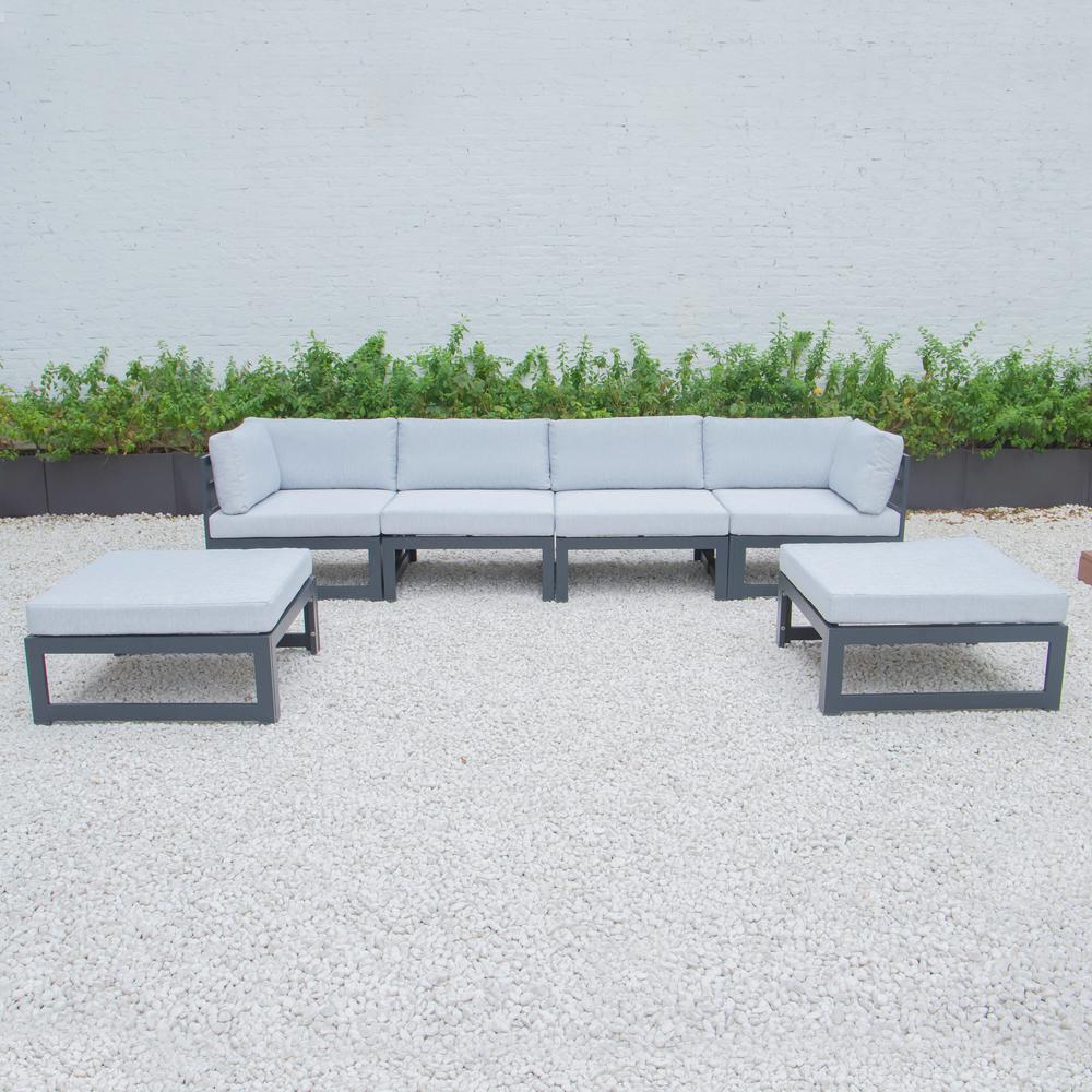 LeisureMod Chelsea 6-Piece Patio Ottoman Sectional Black Aluminum With Cushions CSOBL-6LGR. The main picture.
