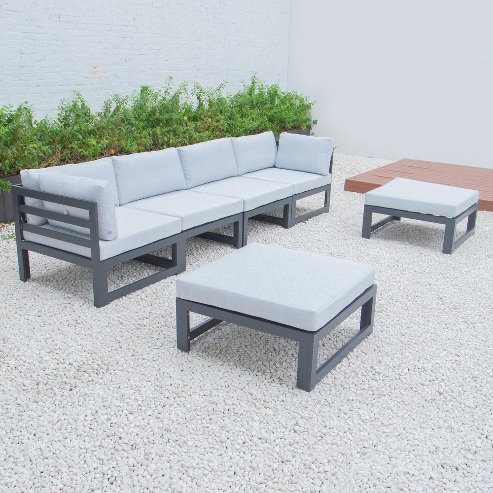 LeisureMod Chelsea 6-Piece Patio Ottoman Sectional Black Aluminum With Cushions CSOBL-6LGR. Picture 2
