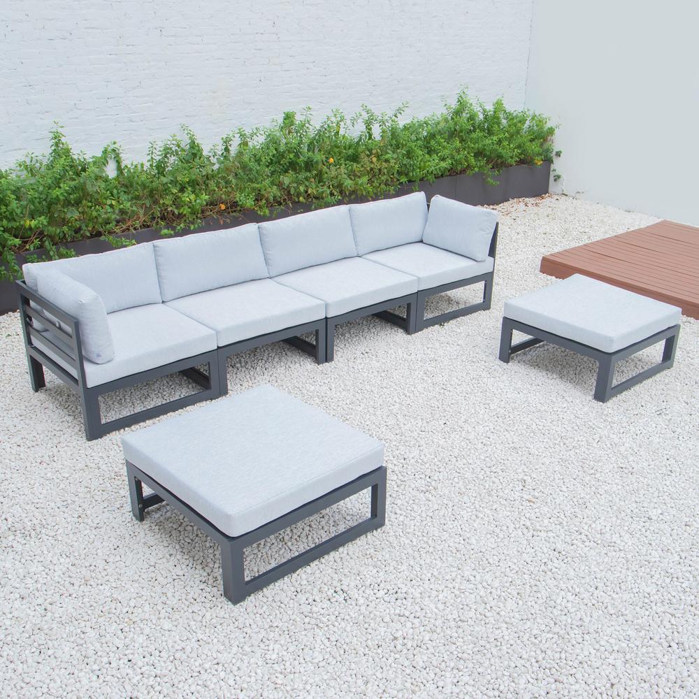 LeisureMod Chelsea 6-Piece Patio Ottoman Sectional Black Aluminum With Cushions CSOBL-6LGR. Picture 3