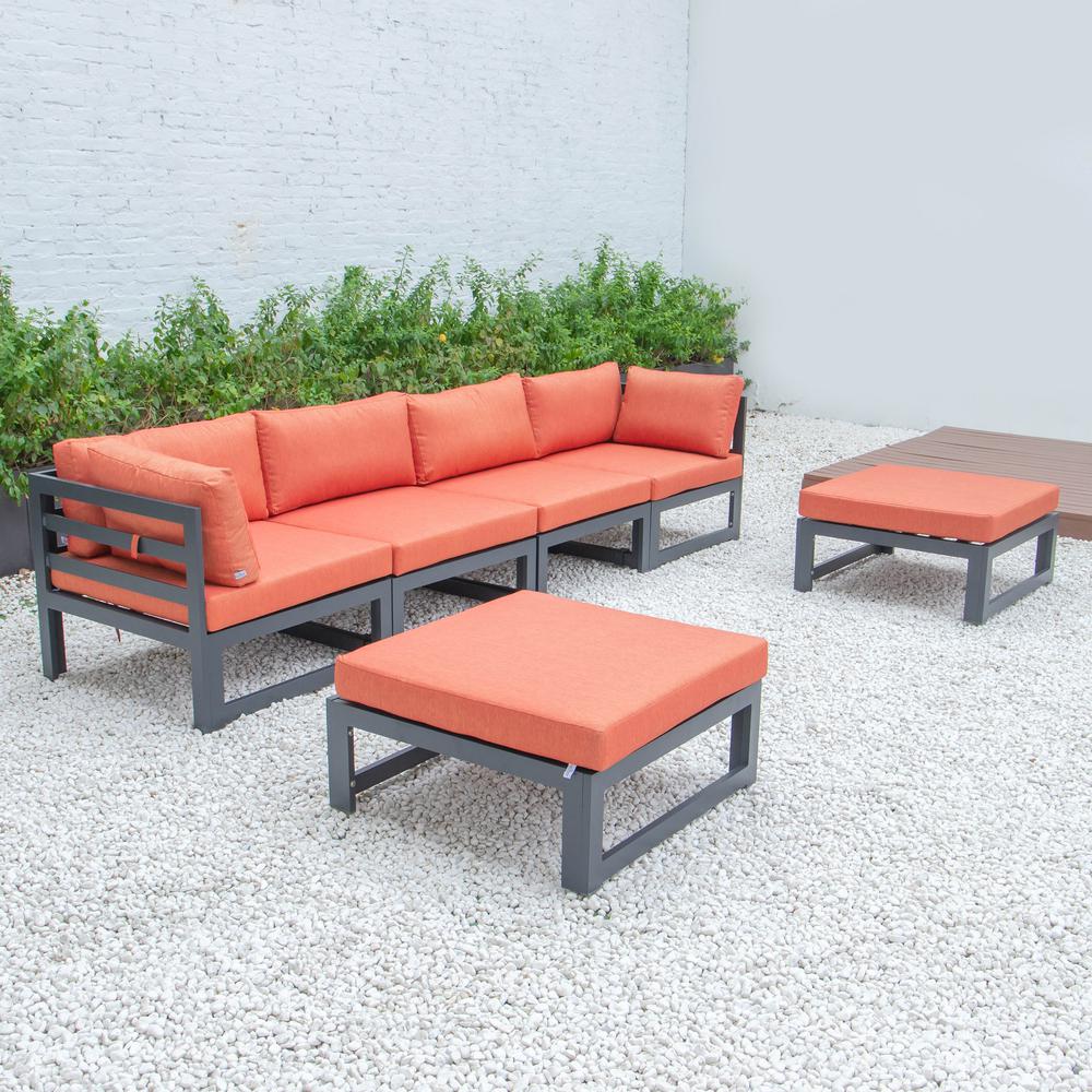 LeisureMod Chelsea 6-Piece Patio Ottoman Sectional Black Aluminum With Cushions CSOBL-6OR. Picture 2