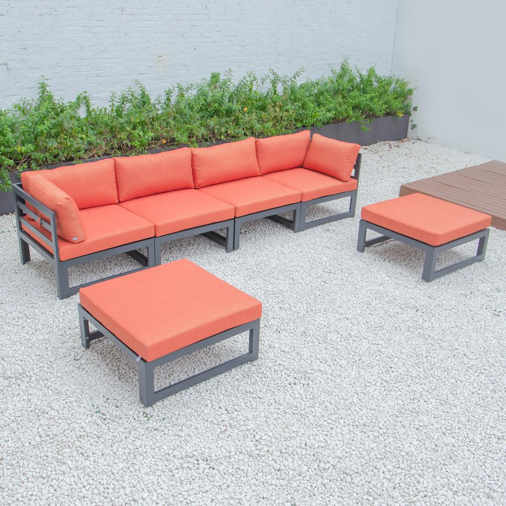 LeisureMod Chelsea 6-Piece Patio Ottoman Sectional Black Aluminum With Cushions CSOBL-6OR. Picture 3