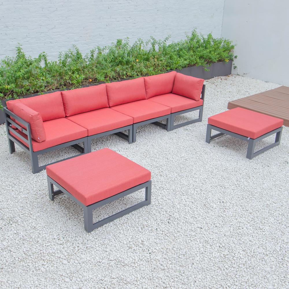 LeisureMod Chelsea 6-Piece Patio Ottoman Sectional Black Aluminum With Cushions CSOBL-6R. Picture 3