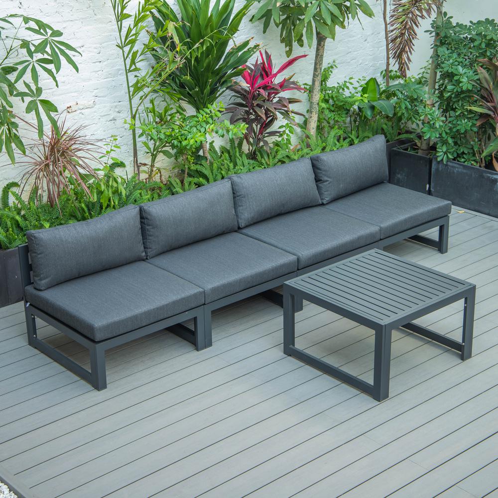 LeisureMod Chelsea 5-Piece Middle Patio Chairs and Coffee Table Set Black Aluminum With Cushions - Black. Picture 2
