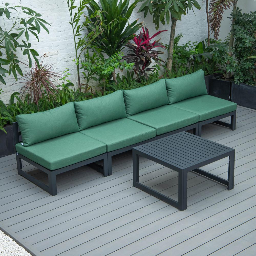 LeisureMod Chelsea 5-Piece Middle Patio Chairs and Coffee Table Set Black Aluminum With Cushions - Green. Picture 1