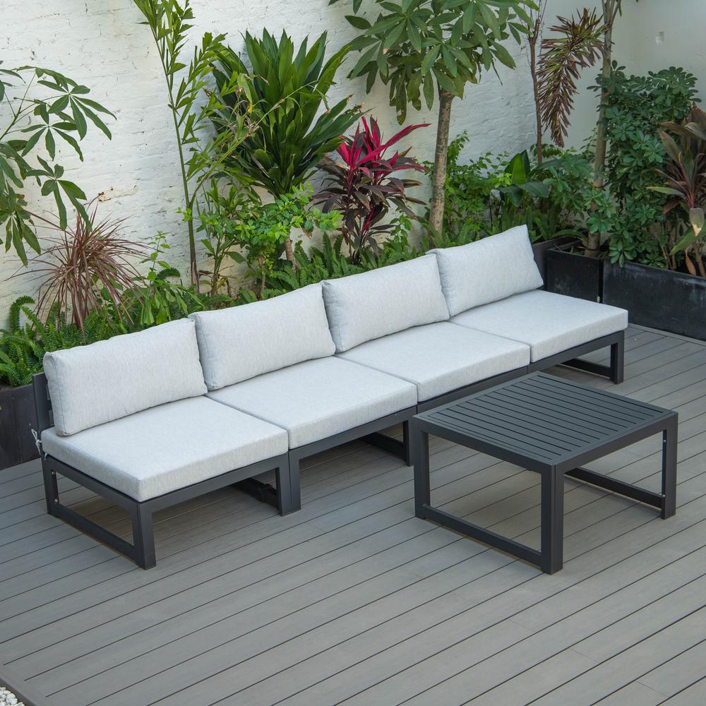 LeisureMod Chelsea 5-Piece Middle Patio Chairs and Coffee Table Set Black Aluminum With Cushions - Light Grey. The main picture.