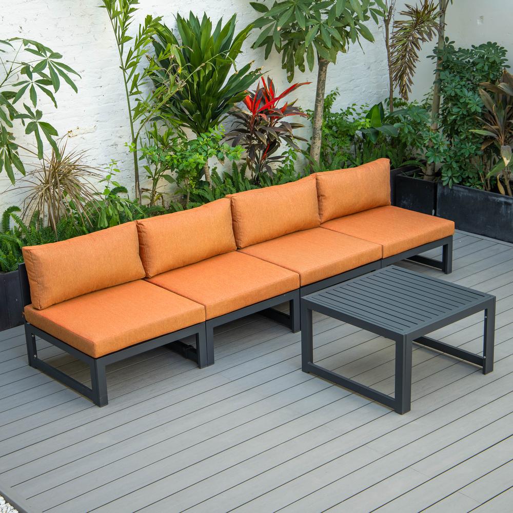 LeisureMod Chelsea 5-Piece Middle Patio Chairs and Coffee Table Set Black Aluminum With Cushions - Orange. The main picture.