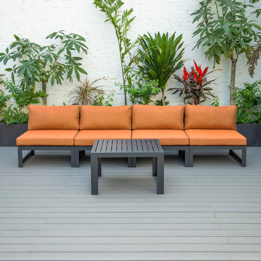 LeisureMod Chelsea 5-Piece Middle Patio Chairs and Coffee Table Set Black Aluminum With Cushions - Orange. Picture 3