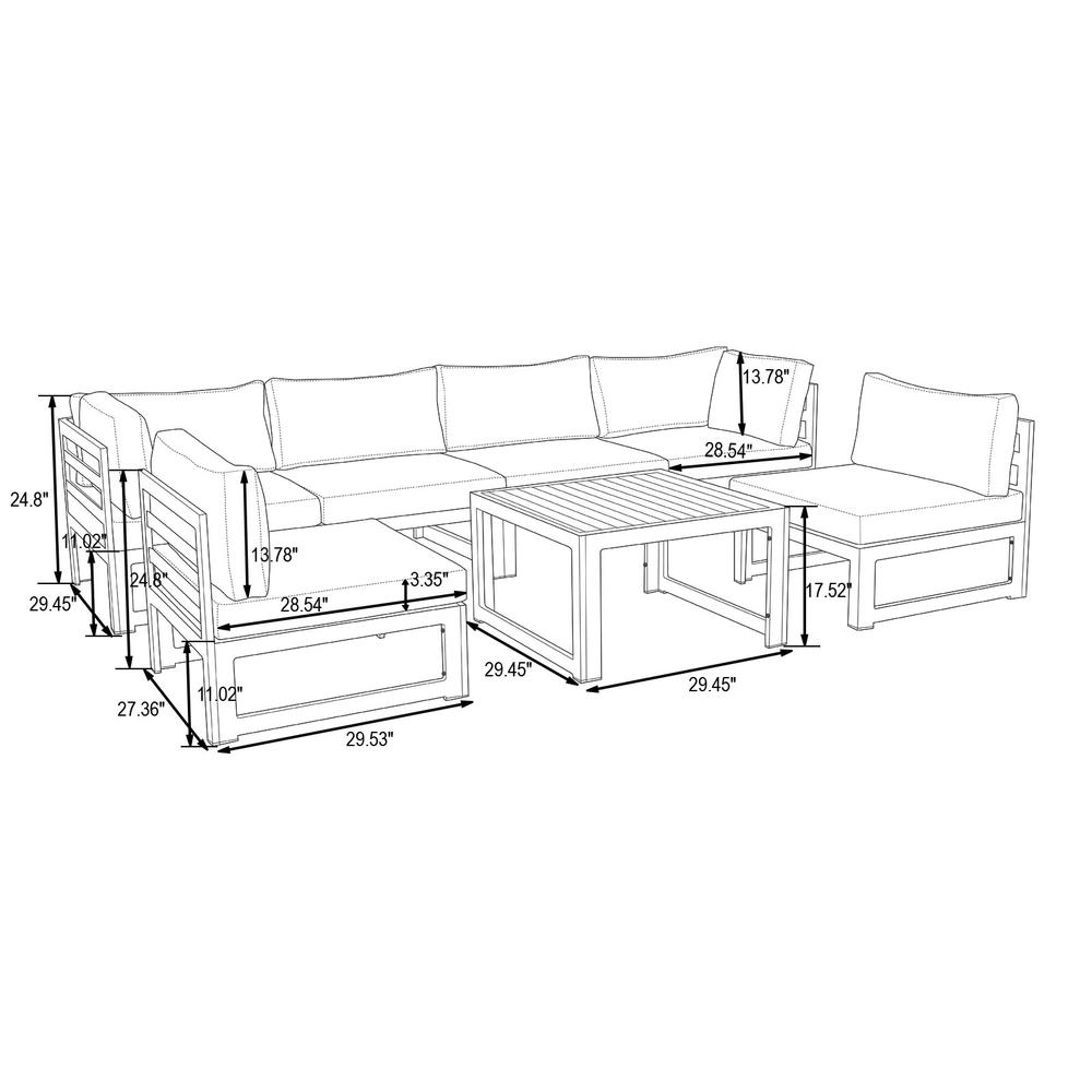 LeisureMod Chelsea 7-Piece Patio Sectional And Coffee Table Set Black Aluminum With Cushions. Picture 4
