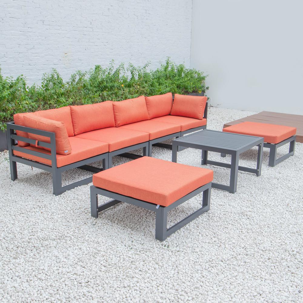 LeisureMod Chelsea 7-Piece Patio Ottoman Sectional And Coffee Table Set Black Aluminum With Cushions CSTOBL-7OR. Picture 2