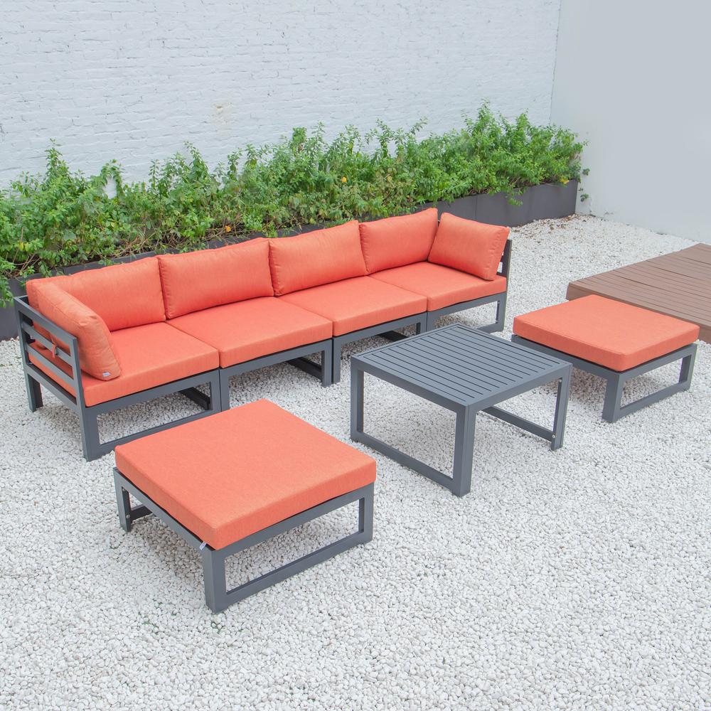 LeisureMod Chelsea 7-Piece Patio Ottoman Sectional And Coffee Table Set Black Aluminum With Cushions CSTOBL-7OR. Picture 3