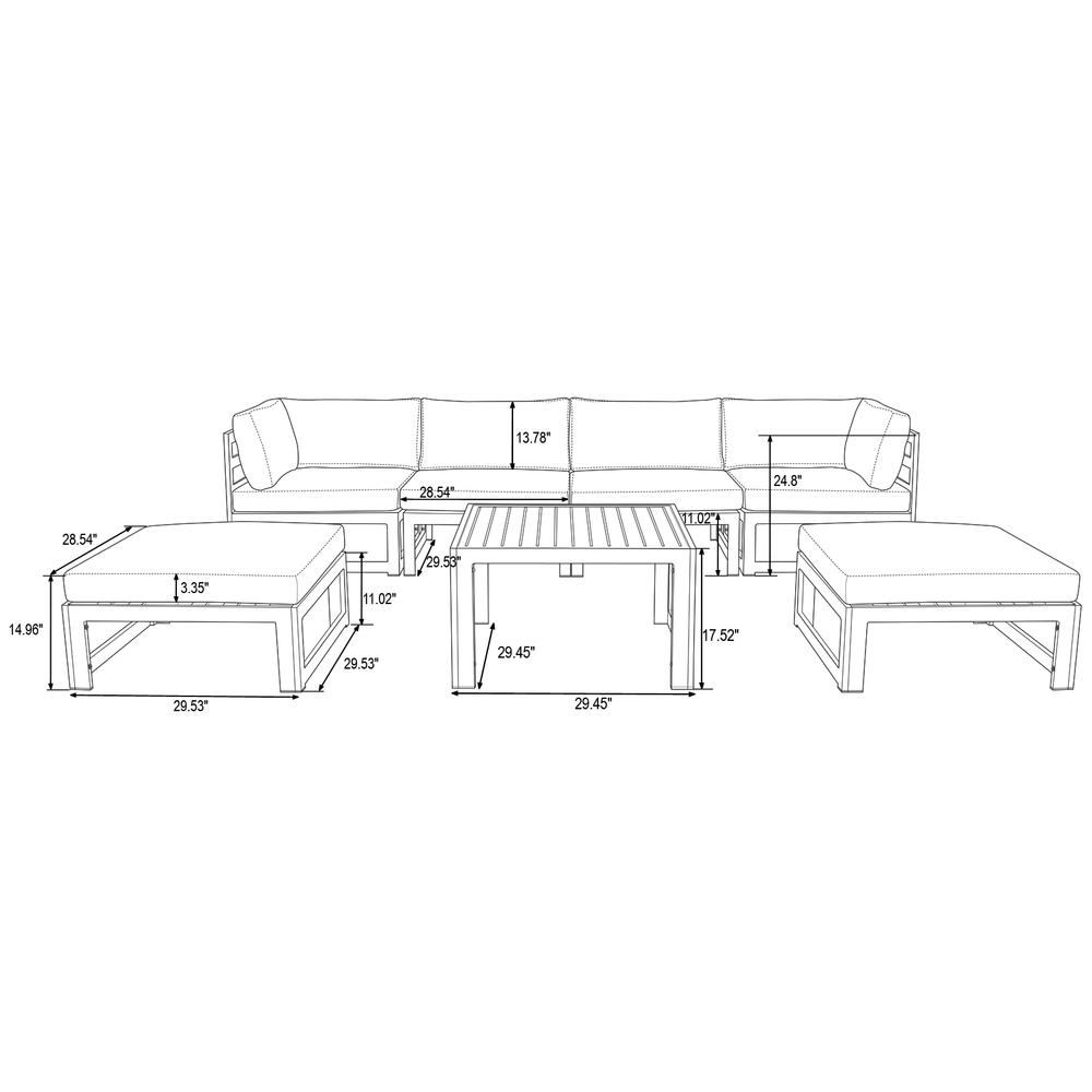 LeisureMod Chelsea 7-Piece Patio Ottoman Sectional And Coffee Table Set Black Aluminum With Cushions CSTOBL-7OR. Picture 8