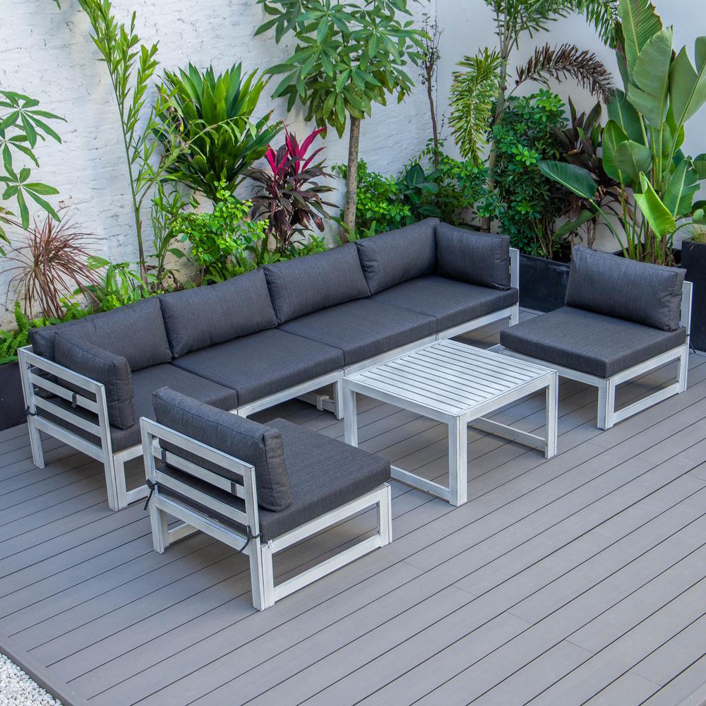 LeisureMod Chelsea 7-Piece Patio Sectional And Coffee Table Set Weathered Grey Aluminum With Cushions CSTWGR-7BL. Picture 1