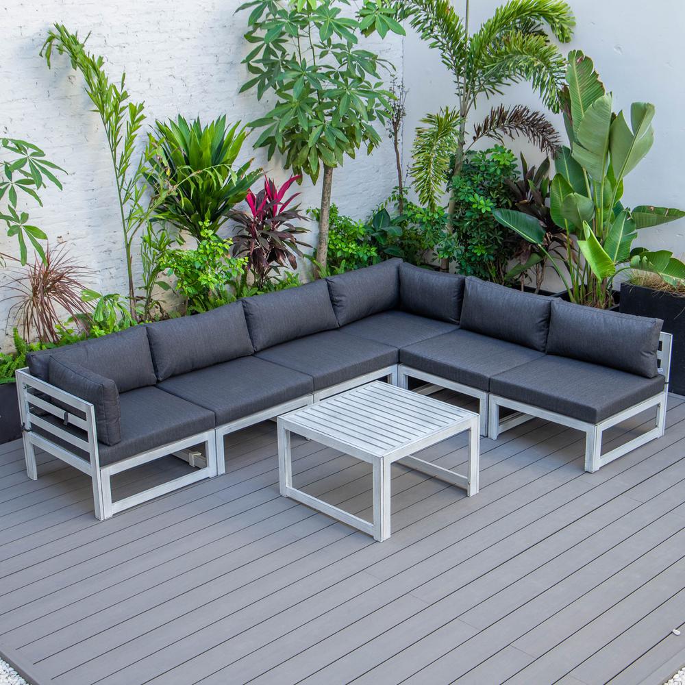 LeisureMod Chelsea 7-Piece Patio Sectional And Coffee Table Set Weathered Grey Aluminum With Cushions CSTWGR-7BL. Picture 13
