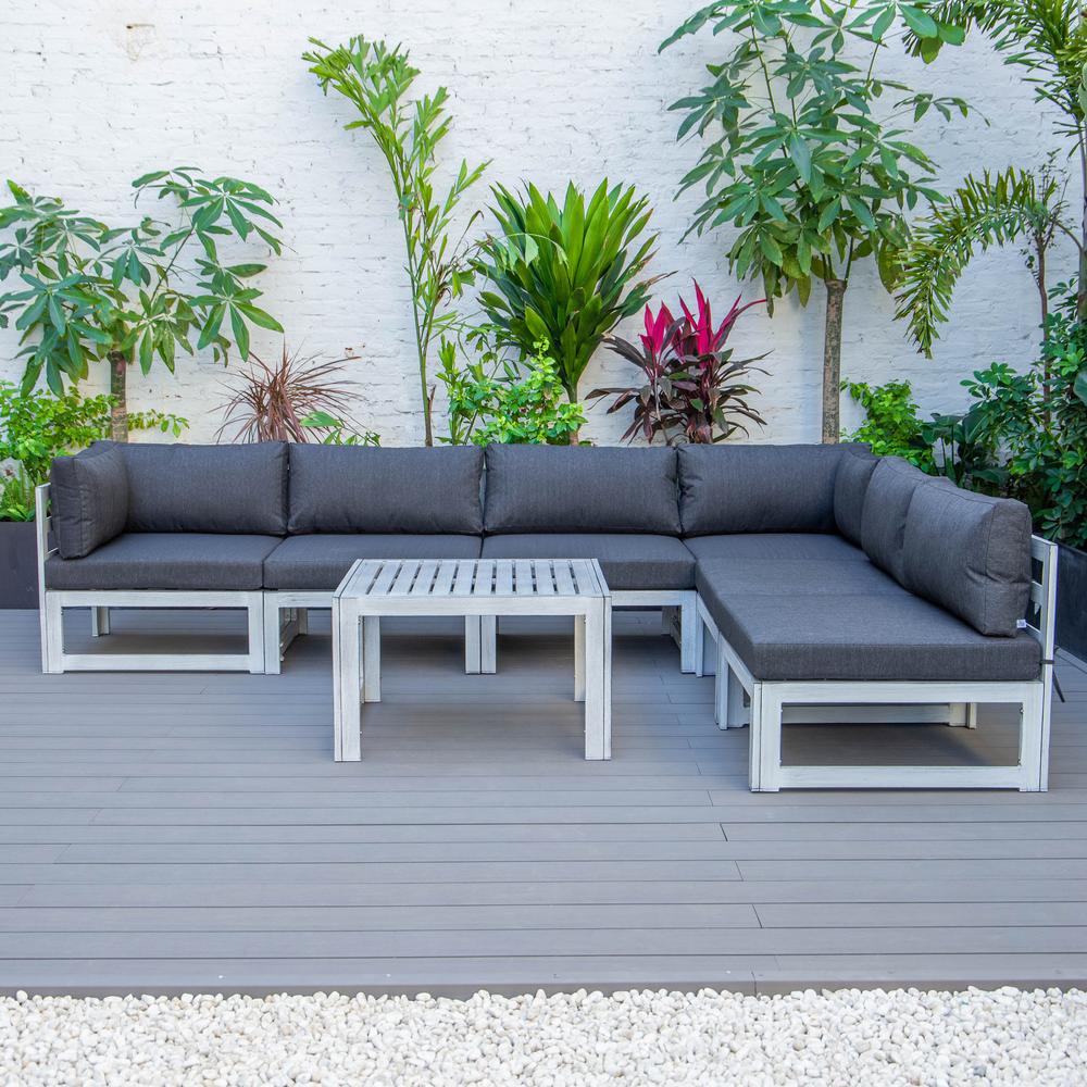 LeisureMod Chelsea 7-Piece Patio Sectional And Coffee Table Set Weathered Grey Aluminum With Cushions CSTWGR-7BL. Picture 14