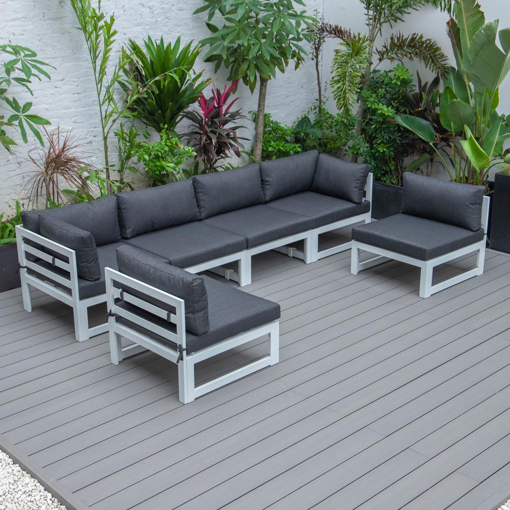 LeisureMod Chelsea 6-Piece Patio Sectional White Aluminum With Cushions - Black. Picture 1