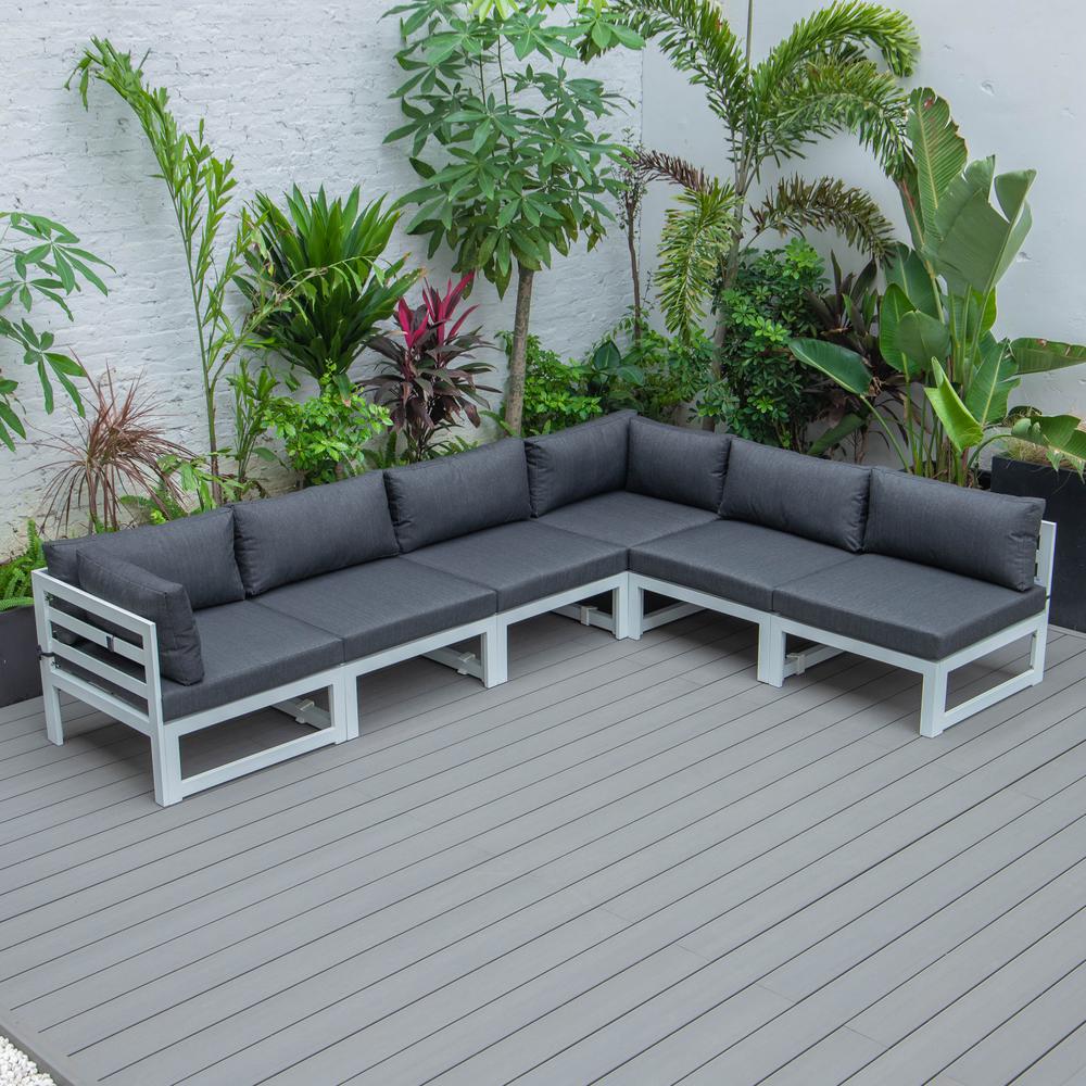 LeisureMod Chelsea 6-Piece Patio Sectional White Aluminum With Cushions - Black. Picture 2