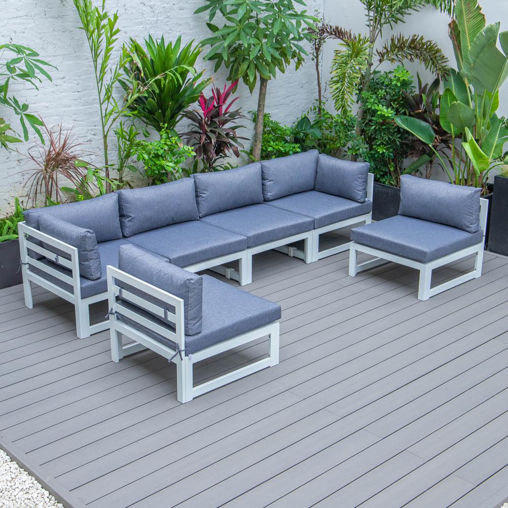 LeisureMod Chelsea 6-Piece Patio Sectional White Aluminum With Cushions - Blue. Picture 2