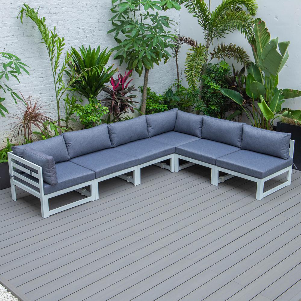 LeisureMod Chelsea 6-Piece Patio Sectional White Aluminum With Cushions - Blue. Picture 3