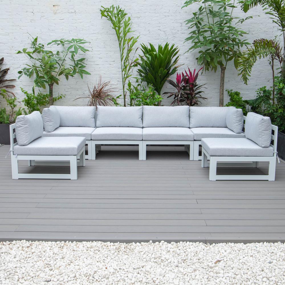 LeisureMod Chelsea 6-Piece Patio Sectional White Aluminum With Cushions - Light Grey. Picture 1