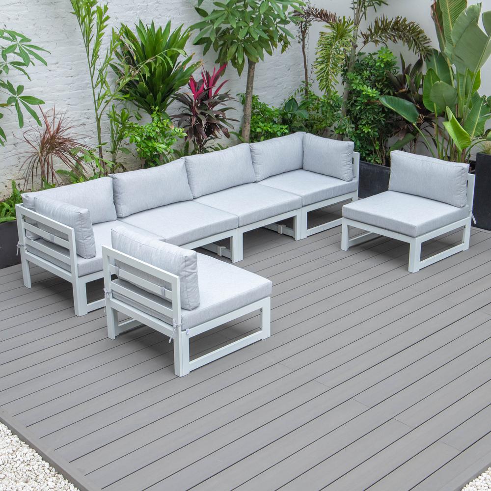 LeisureMod Chelsea 6-Piece Patio Sectional White Aluminum With Cushions - Light Grey. Picture 9