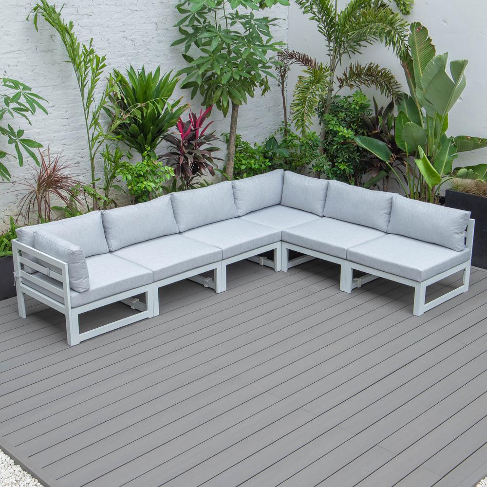 LeisureMod Chelsea 6-Piece Patio Sectional White Aluminum With Cushions - Light Grey. Picture 10