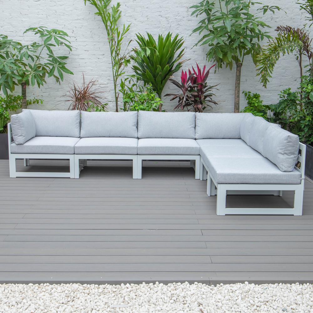 LeisureMod Chelsea 6-Piece Patio Sectional White Aluminum With Cushions - Light Grey. Picture 11