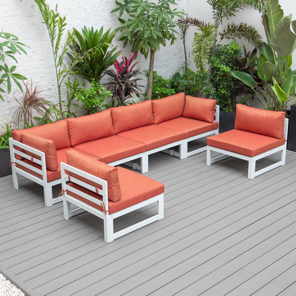 LeisureMod Chelsea 6-Piece Patio Sectional White Aluminum With Cushions - Orange. Picture 9