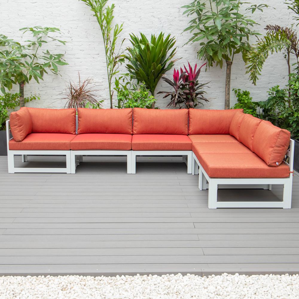 LeisureMod Chelsea 6-Piece Patio Sectional White Aluminum With Cushions - Orange. Picture 11