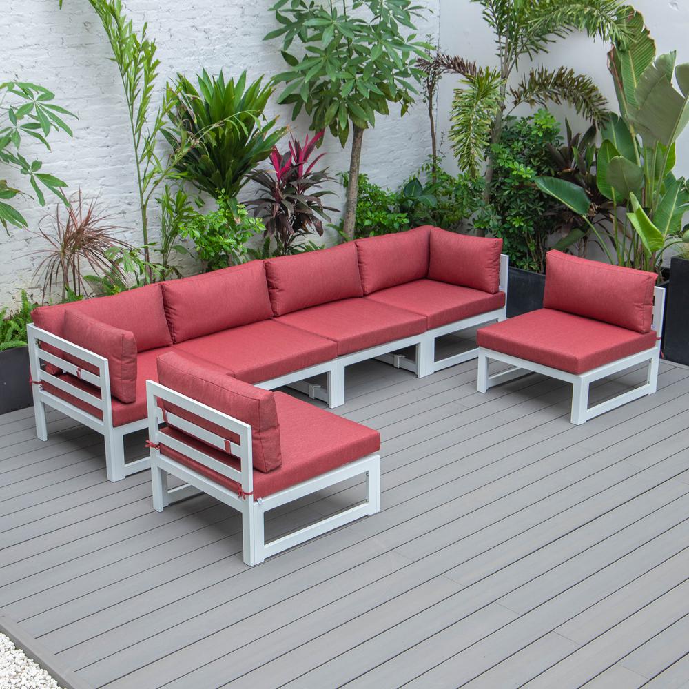 LeisureMod Chelsea 6-Piece Patio Sectional White Aluminum With Cushions - Red. Picture 9
