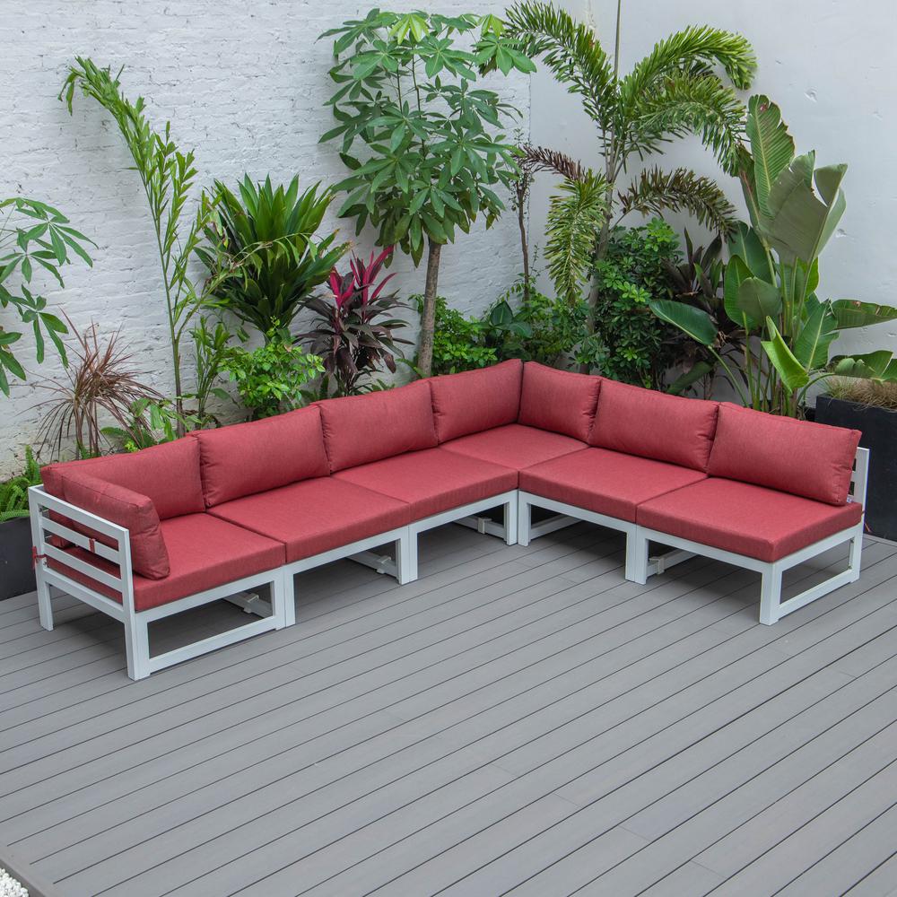 LeisureMod Chelsea 6-Piece Patio Sectional White Aluminum With Cushions - Red. Picture 10