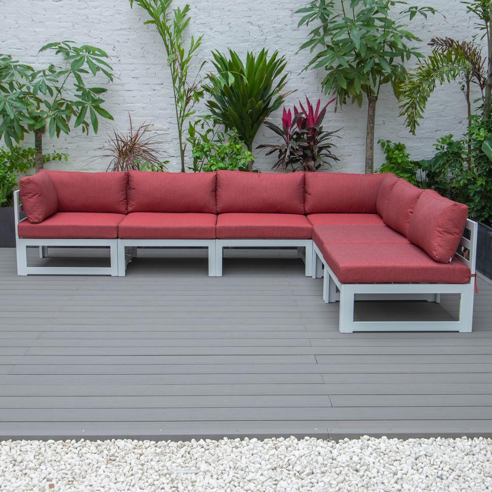 LeisureMod Chelsea 6-Piece Patio Sectional White Aluminum With Cushions - Red. Picture 11