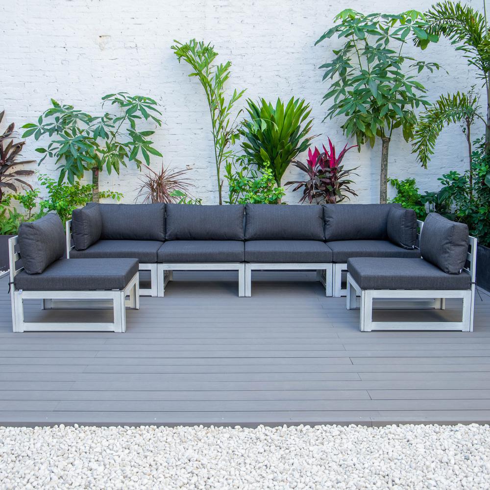 LeisureMod Chelsea 6-Piece Patio Sectional Weathered Grey Aluminum With Cushions in Black. Picture 1