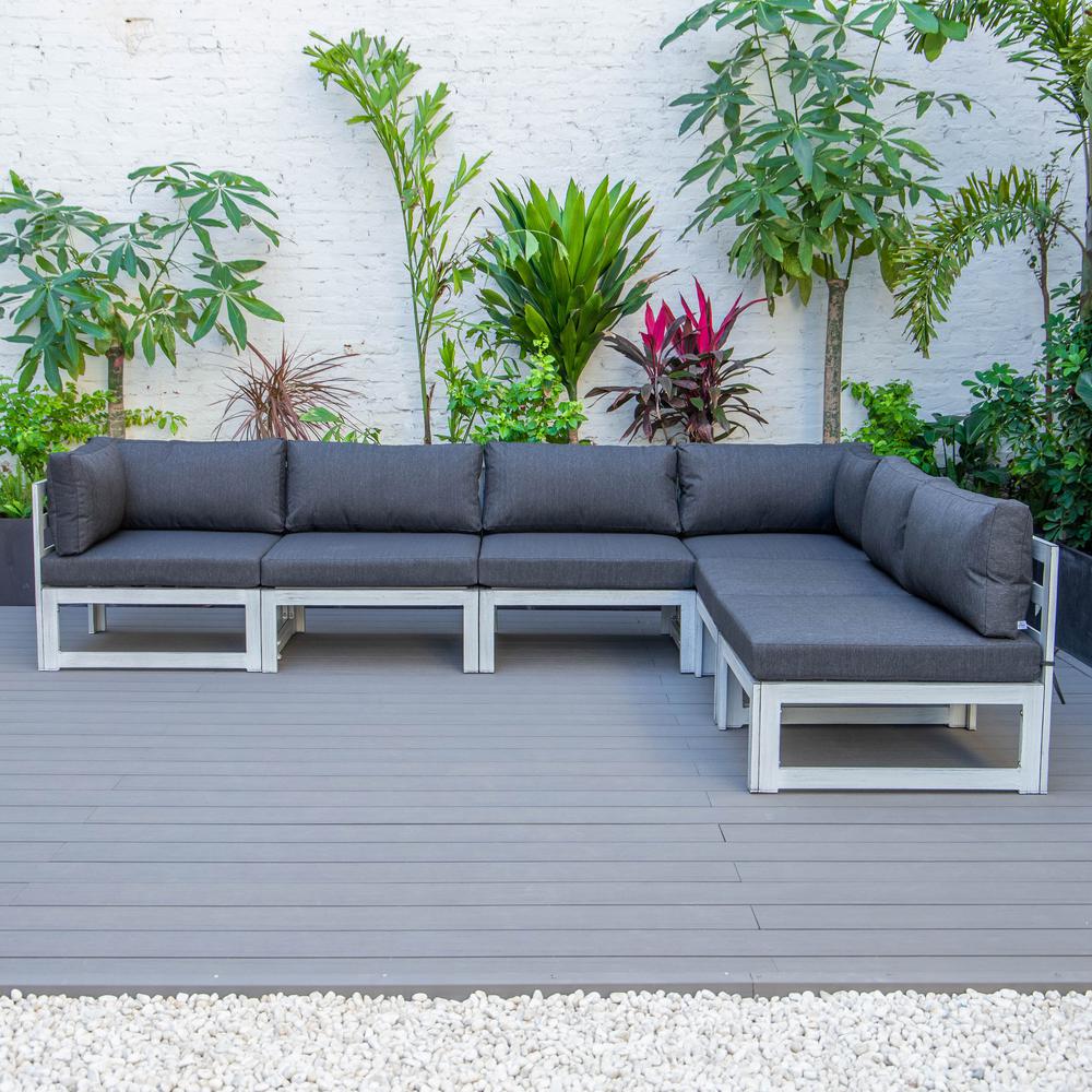LeisureMod Chelsea 6-Piece Patio Sectional Weathered Grey Aluminum With Cushions in Black. Picture 11