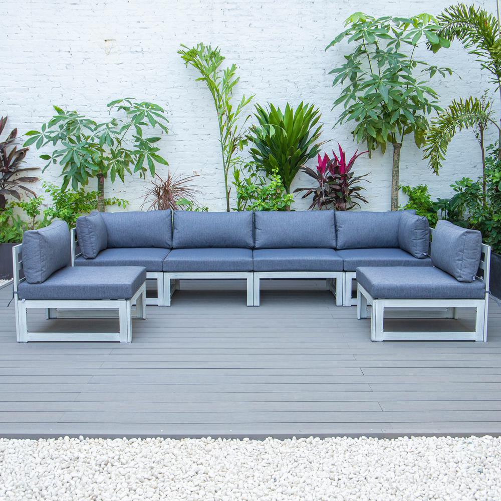 LeisureMod Chelsea 6-Piece Patio Sectional Weathered Grey Aluminum With Cushions in Blue. Picture 1