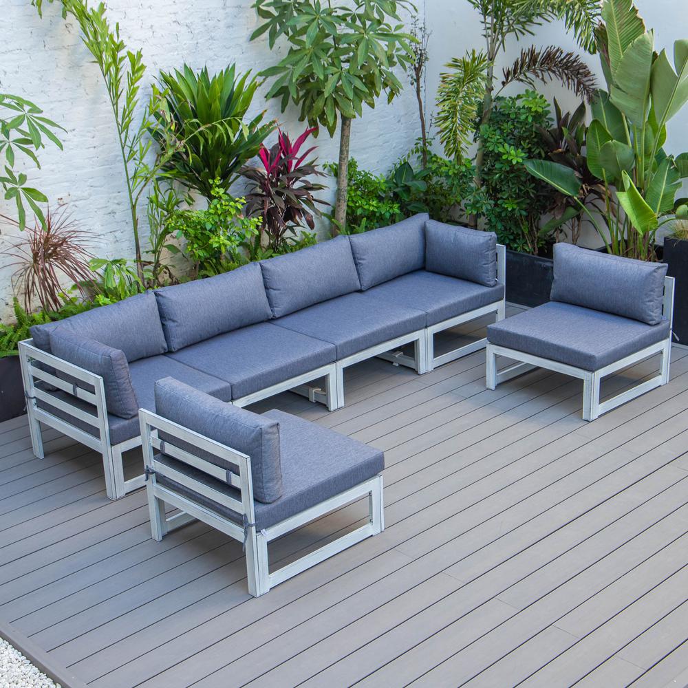 LeisureMod Chelsea 6-Piece Patio Sectional Weathered Grey Aluminum With Cushions in Blue. Picture 9