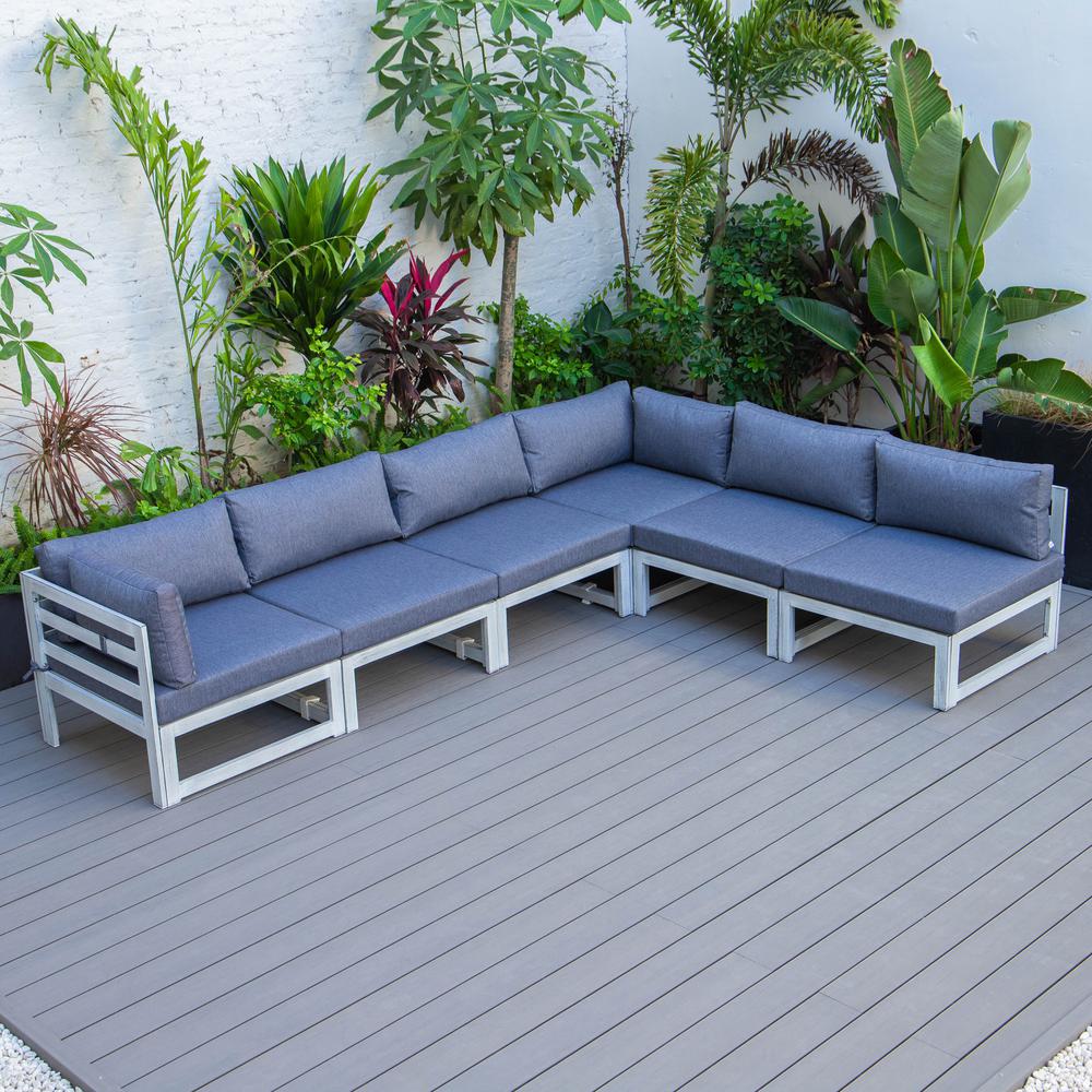 LeisureMod Chelsea 6-Piece Patio Sectional Weathered Grey Aluminum With Cushions in Blue. Picture 10