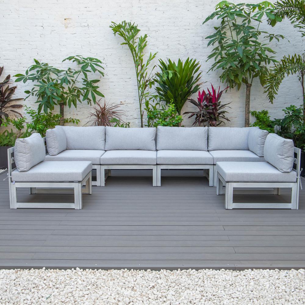 LeisureMod Chelsea 6-Piece Patio Sectional Weathered Grey Aluminum With Cushions in Light Grey. Picture 1