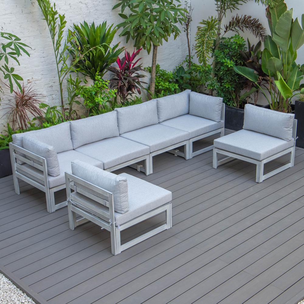 LeisureMod Chelsea 6-Piece Patio Sectional Weathered Grey Aluminum With Cushions in Light Grey. Picture 9