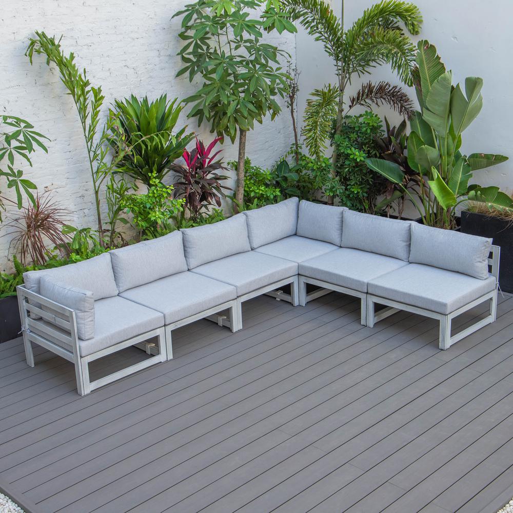 LeisureMod Chelsea 6-Piece Patio Sectional Weathered Grey Aluminum With Cushions in Light Grey. Picture 10