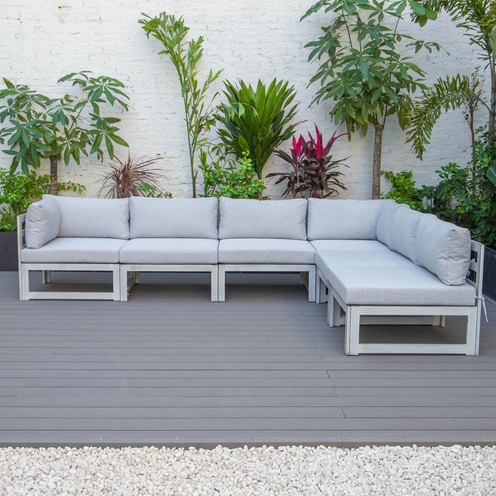 LeisureMod Chelsea 6-Piece Patio Sectional Weathered Grey Aluminum With Cushions in Light Grey. Picture 11