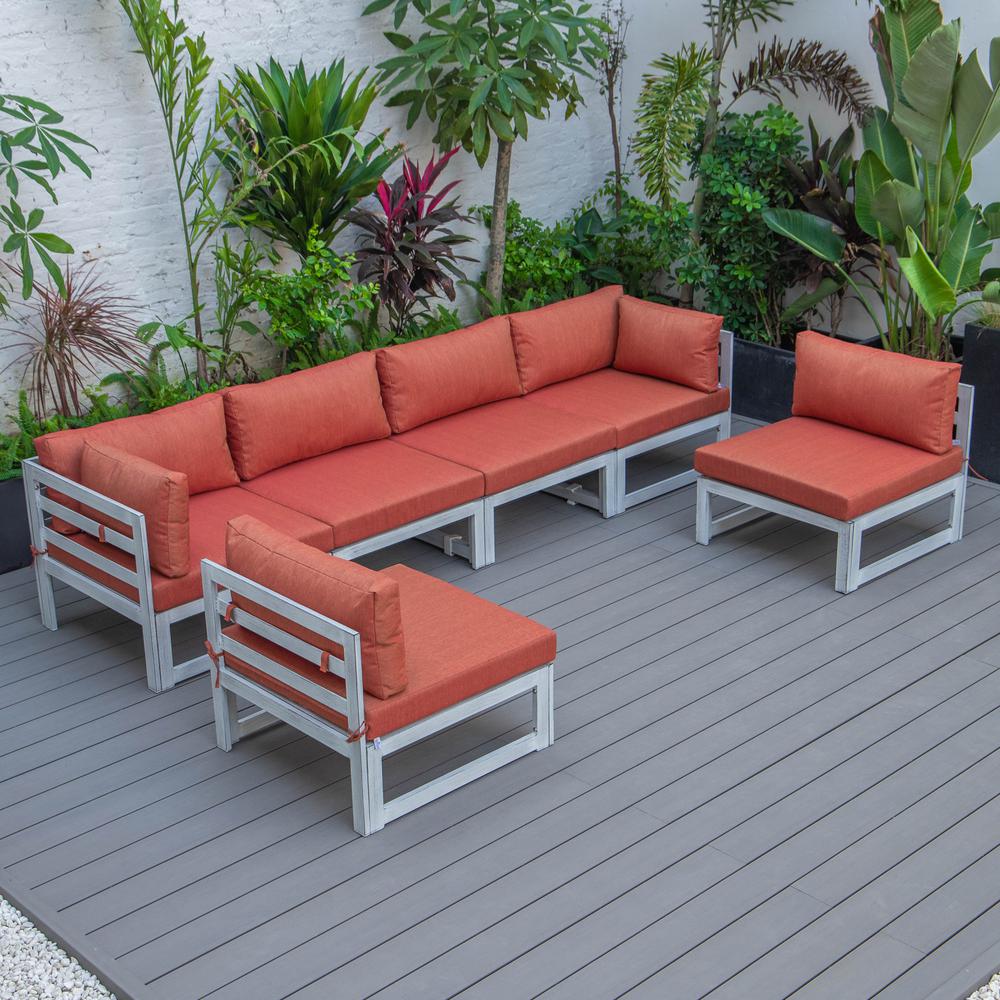 LeisureMod Chelsea 6-Piece Patio Sectional Weathered Grey Aluminum With Cushions in Orange. Picture 9