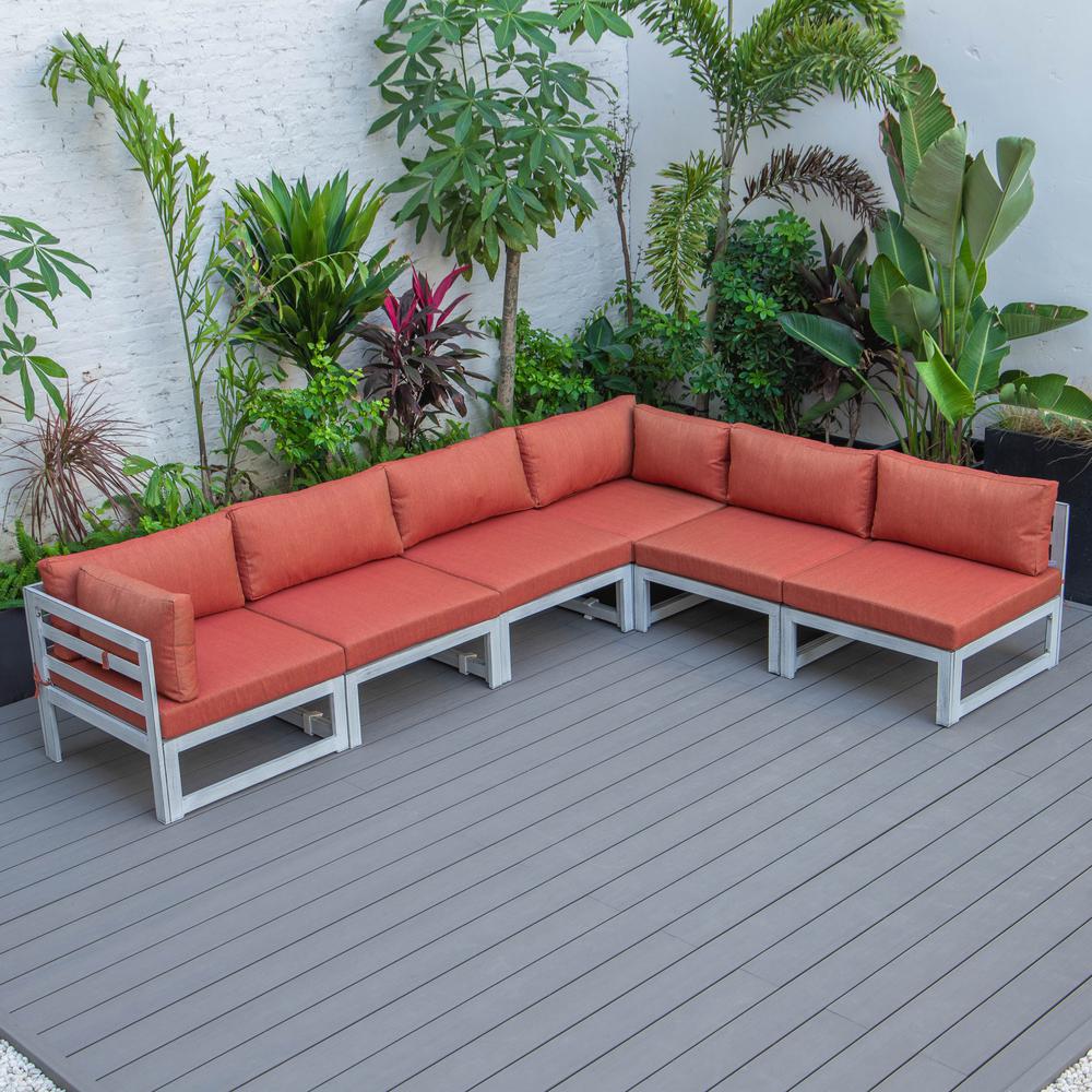 LeisureMod Chelsea 6-Piece Patio Sectional Weathered Grey Aluminum With Cushions in Orange. Picture 10