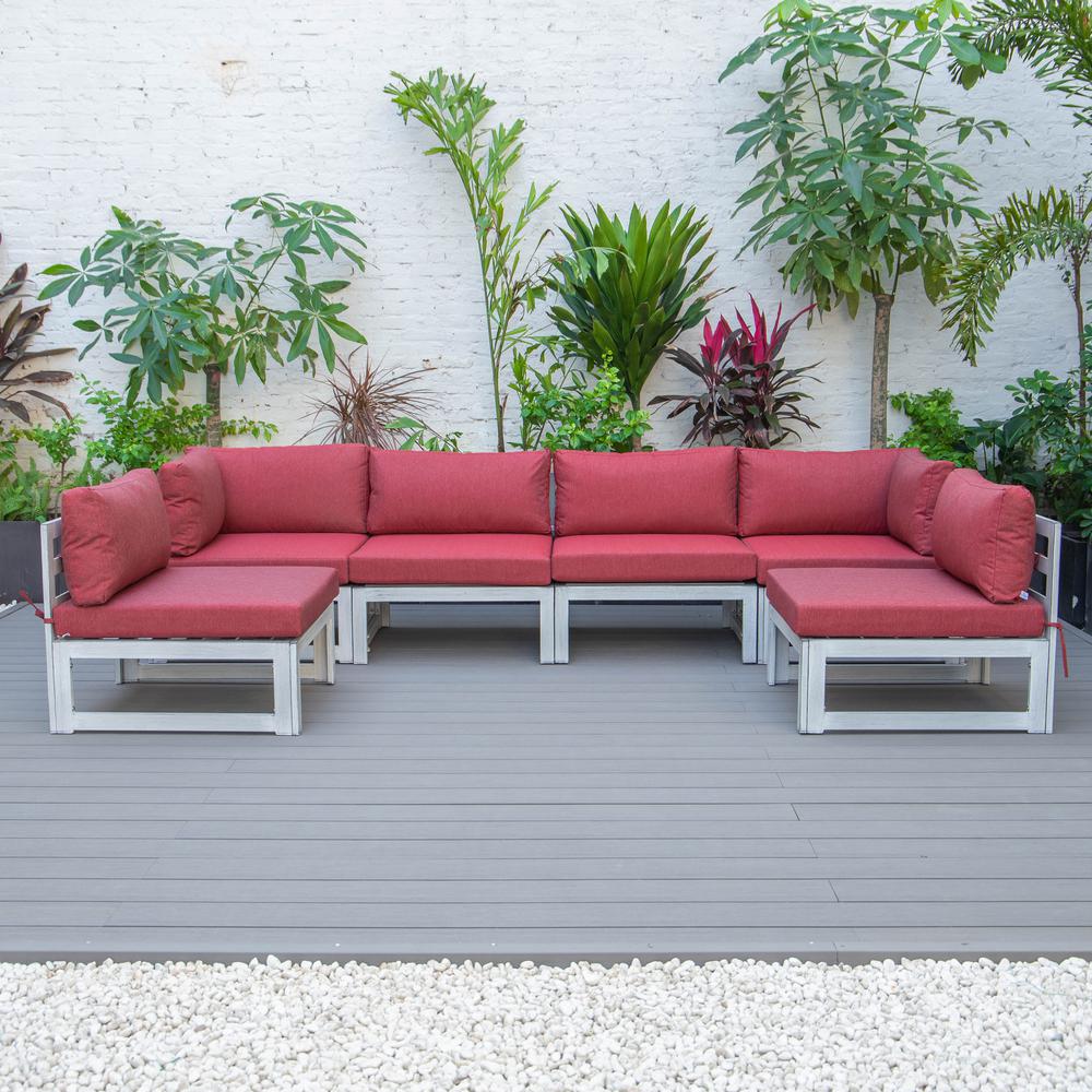 LeisureMod Chelsea 6-Piece Patio Sectional Weathered Grey Aluminum With Cushions in Red. Picture 1