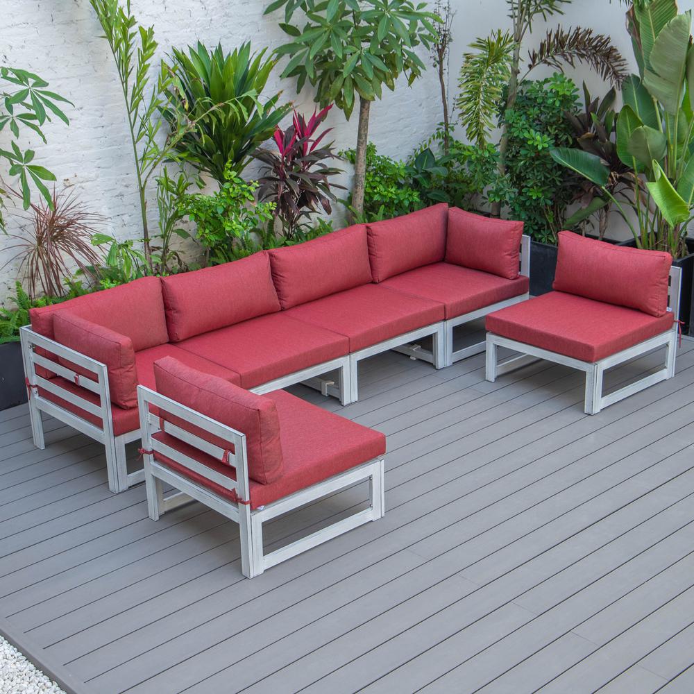 LeisureMod Chelsea 6-Piece Patio Sectional Weathered Grey Aluminum With Cushions in Red. Picture 9