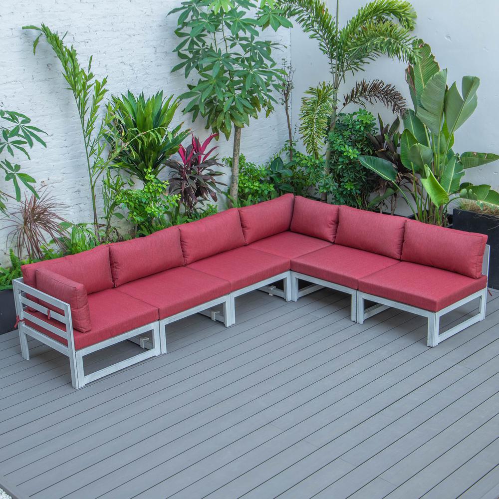 LeisureMod Chelsea 6-Piece Patio Sectional Weathered Grey Aluminum With Cushions in Red. Picture 10