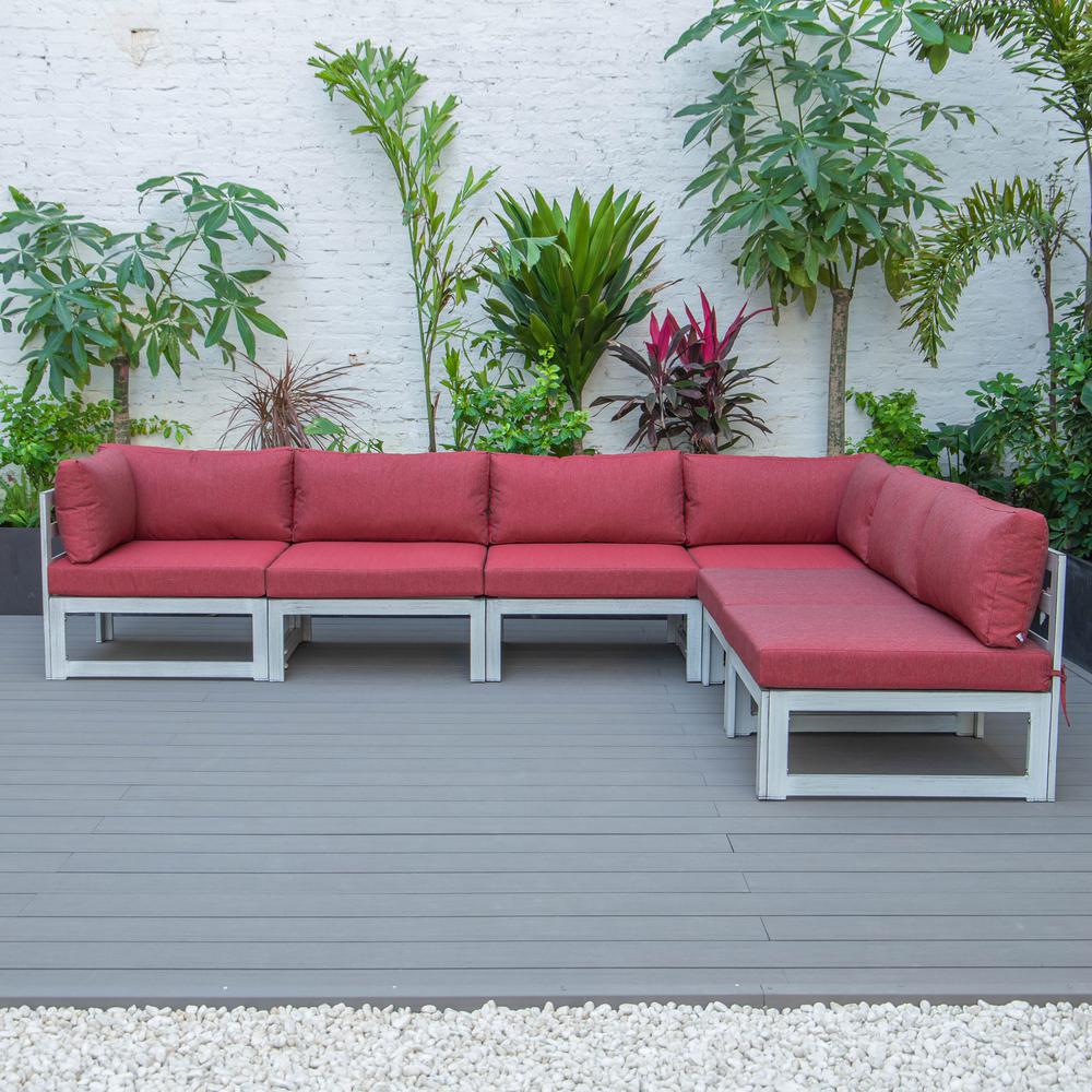 LeisureMod Chelsea 6-Piece Patio Sectional Weathered Grey Aluminum With Cushions in Red. Picture 11