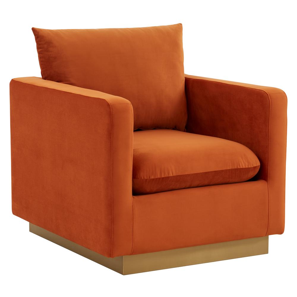 LeisureMod Nervo Velvet Accent Armchair With Gold Frame, Orange Marmalade. Picture 2
