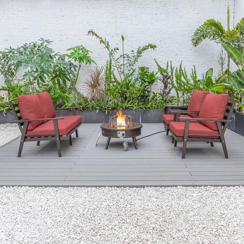 LeisureMod Walbrooke Modern Brown Patio Conversation With Round Fire Pit With Slats Design & Tank Holder, Red. Picture 9