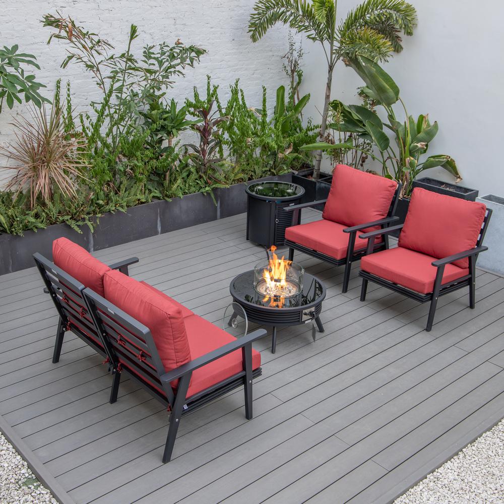 LeisureMod Walbrooke Modern Black Patio Conversation With Round Fire Pit With Slats Design & Tank Holder, Red. Picture 8